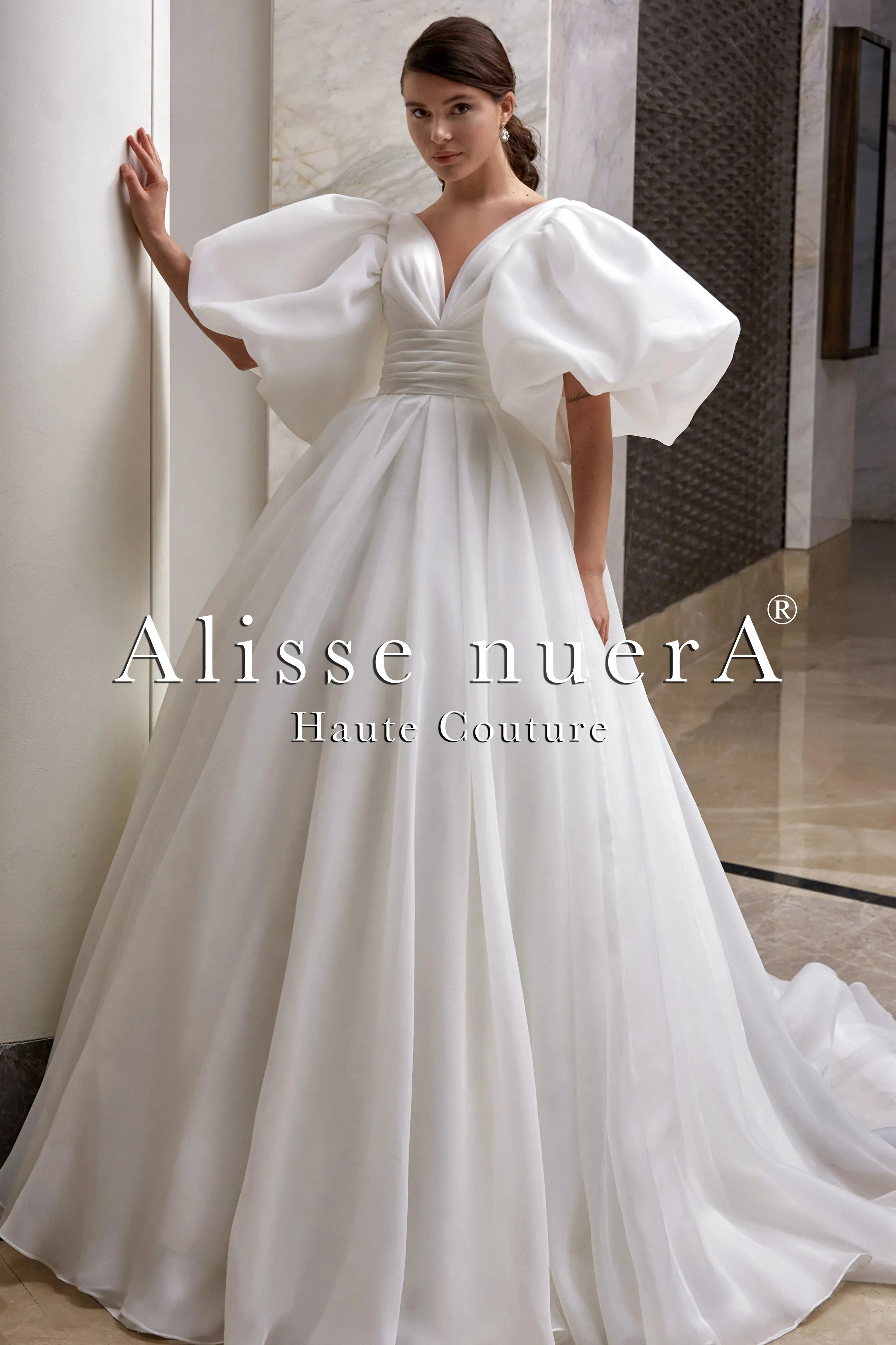 Empire Waist Balloon Sleeve V-Neck Waist Draped Wedding Dress Model