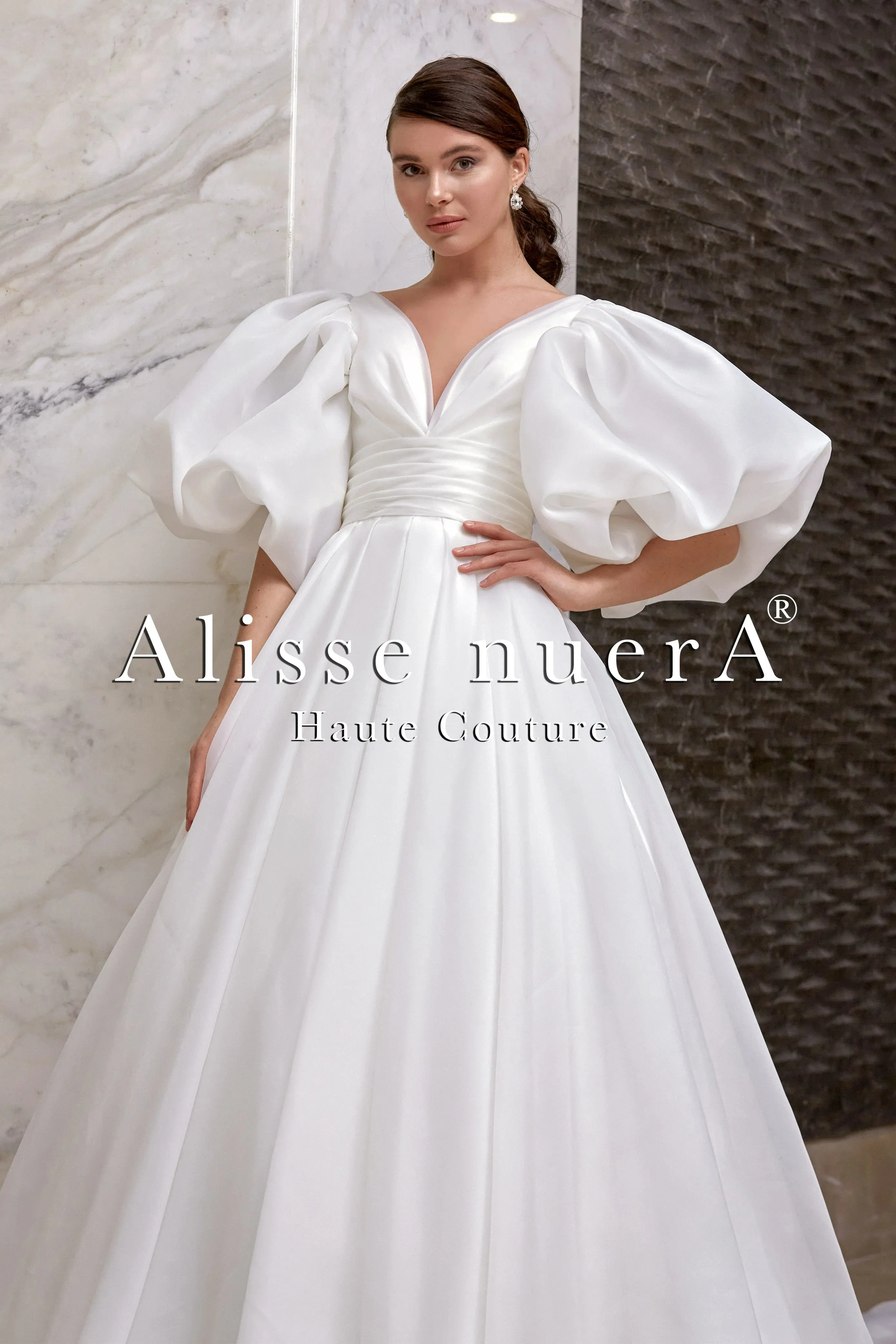Empire Waist Balloon Sleeve V-Neck Waist Draped Wedding Dress Model