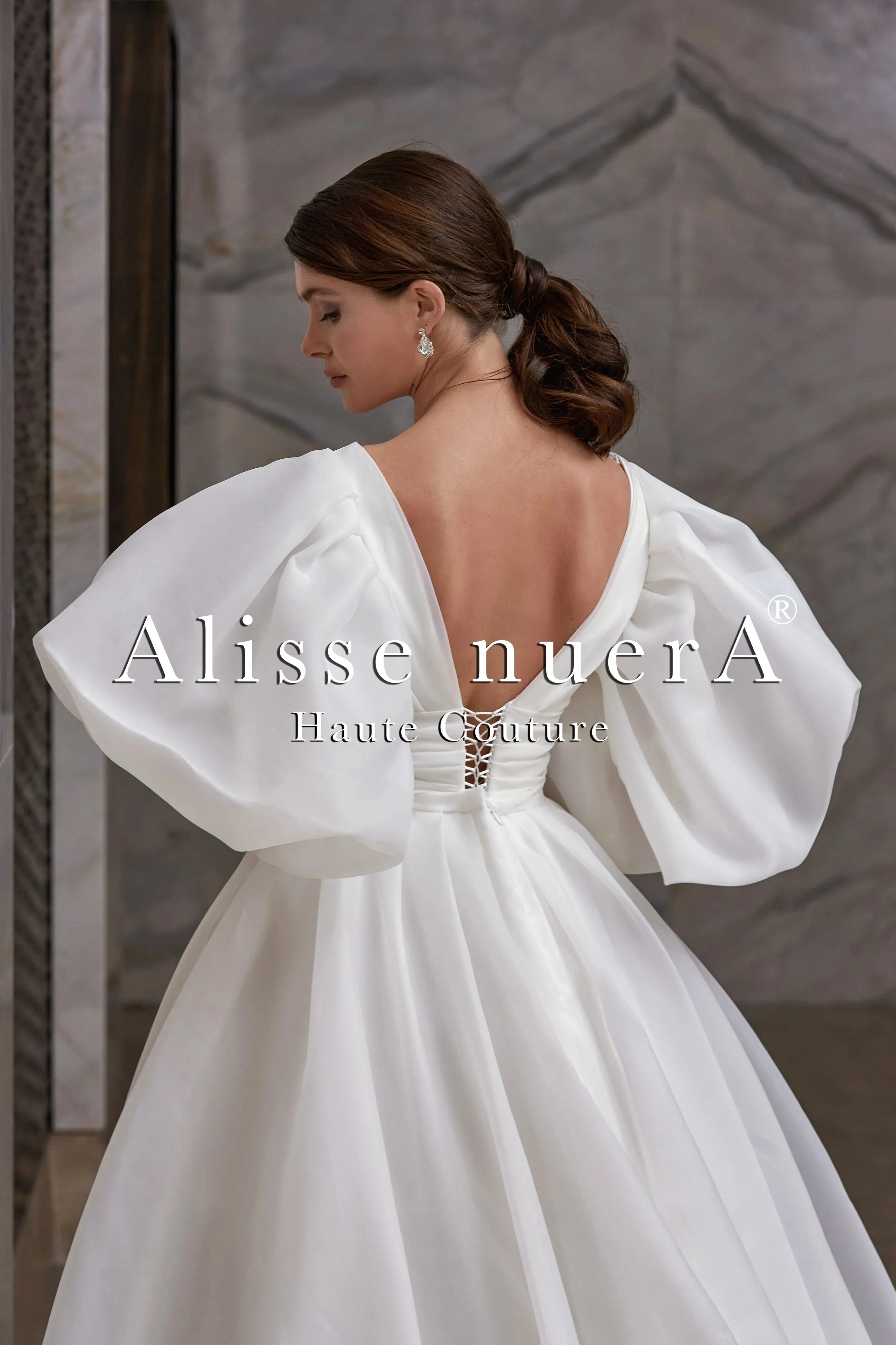 Empire Waist Balloon Sleeve V-Neck Waist Draped Wedding Dress Model