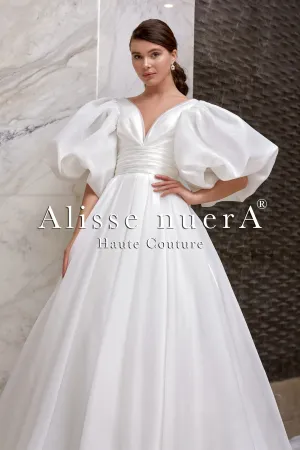 Empire Waist Balloon Sleeve V-Neck Waist Draped Wedding Dress Model