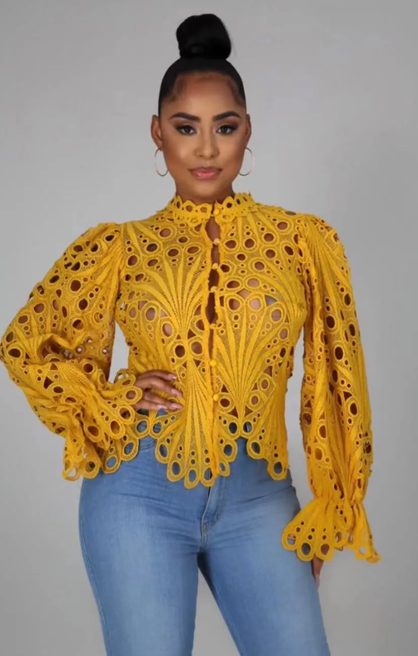 FashionSierra - Elegant Lace See Though Ruffles Lantern Blouse