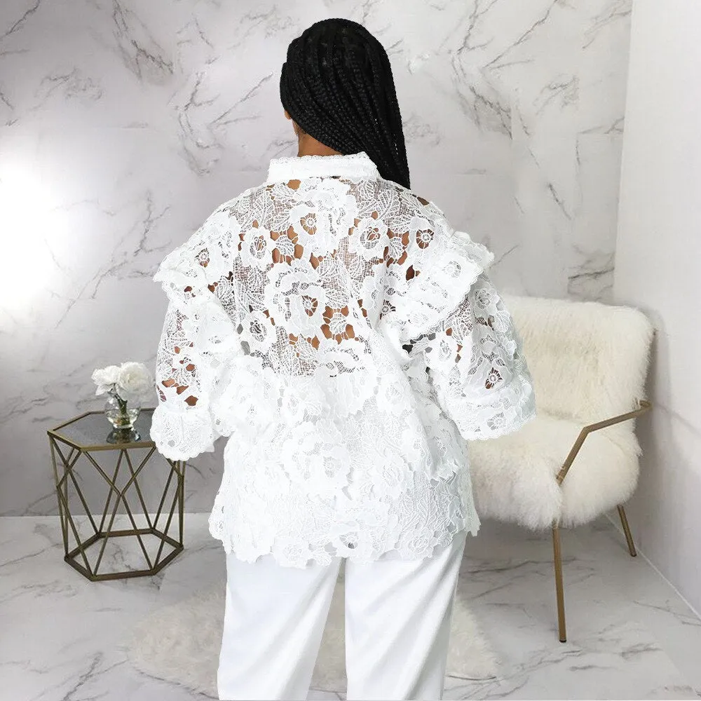 FashionSierra - Elegant Lace See Though Ruffles Lantern Blouse