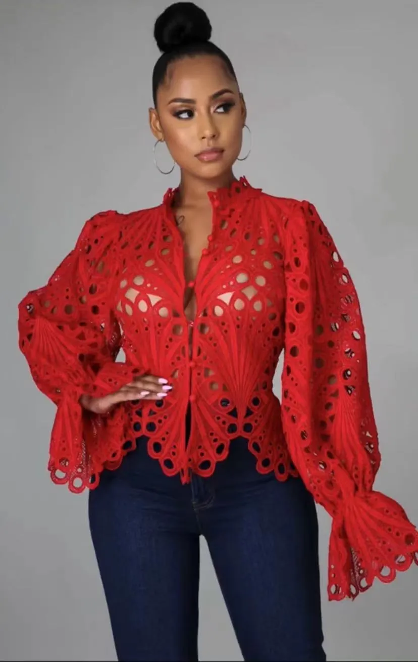FashionSierra - Elegant Lace See Though Ruffles Lantern Blouse