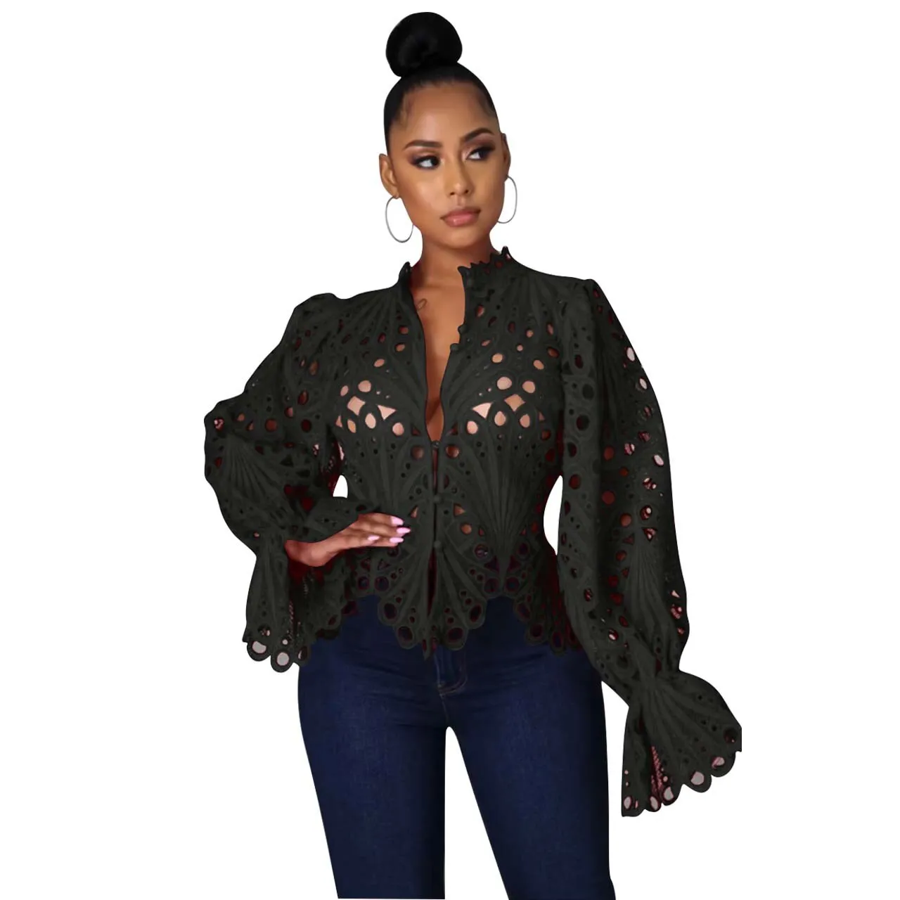 FashionSierra - Elegant Lace See Though Ruffles Lantern Blouse
