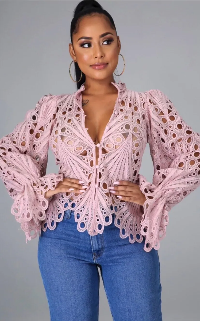 FashionSierra - Elegant Lace See Though Ruffles Lantern Blouse
