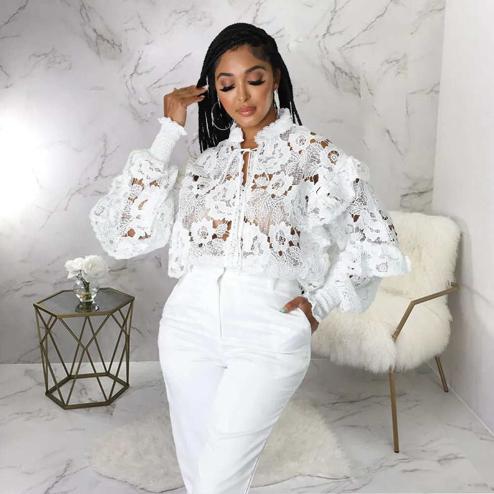 FashionSierra - Elegant Lace See Though Ruffles Lantern Blouse