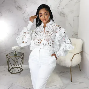 FashionSierra - Elegant Lace See Though Ruffles Lantern Blouse