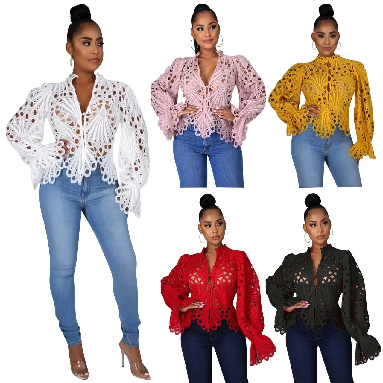 FashionSierra - Elegant Lace See Though Ruffles Lantern Blouse
