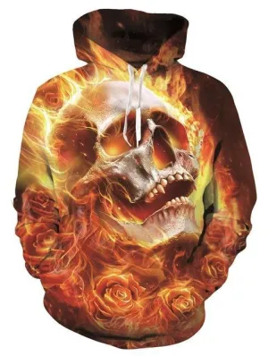 Flaming Rose Skull Hoodie Shirt