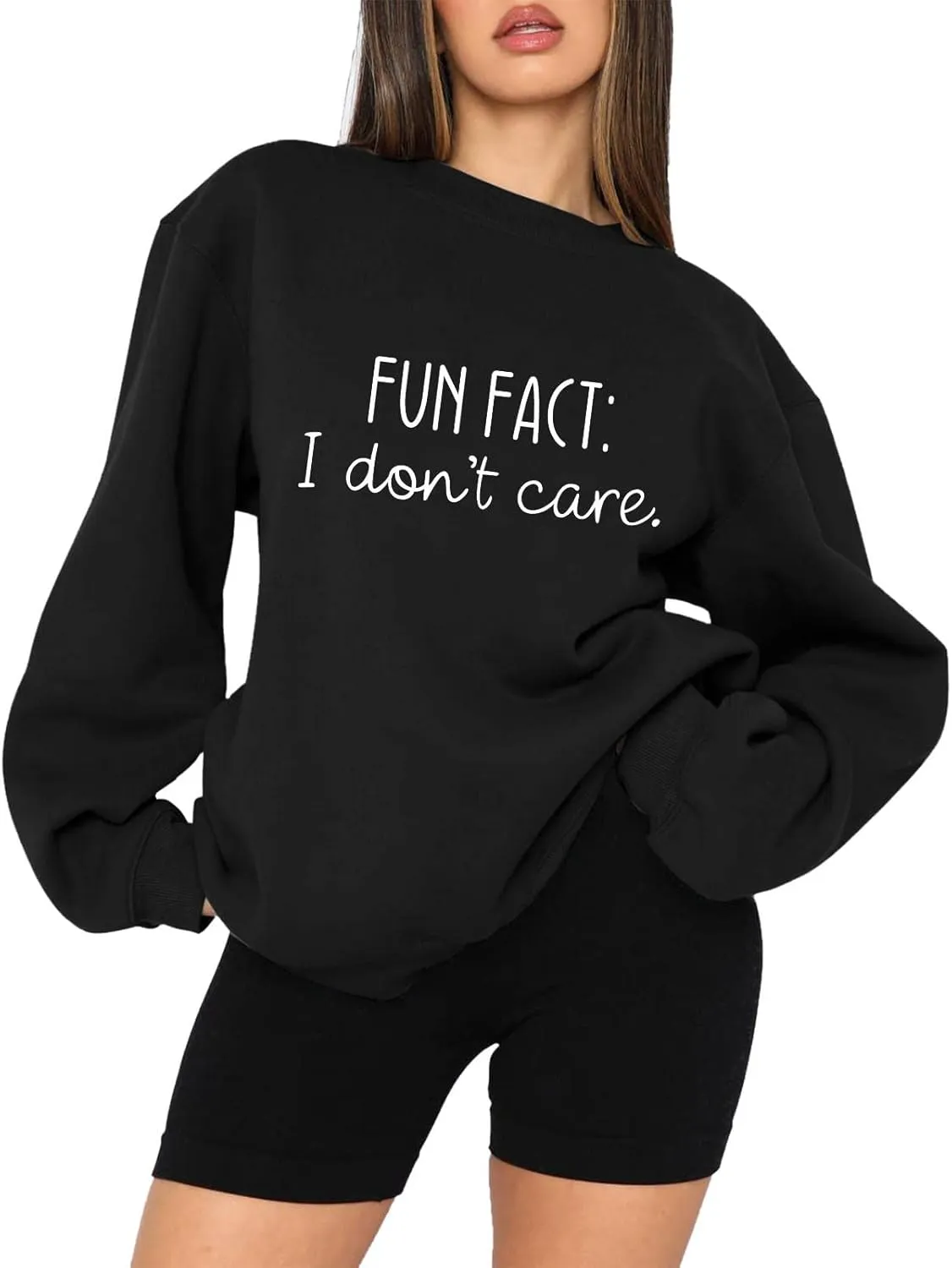Fun Fact I Dont Care Oversized Sweatshirt for Women Crewneck Pullover Long Sleeve Top Word Cute Casual Jersey Y2k Crew Neck