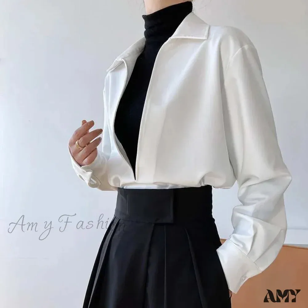 Gidyq Vintage Elegant Loose Fall Solid V-Neck Simple Outerwear Blouse
