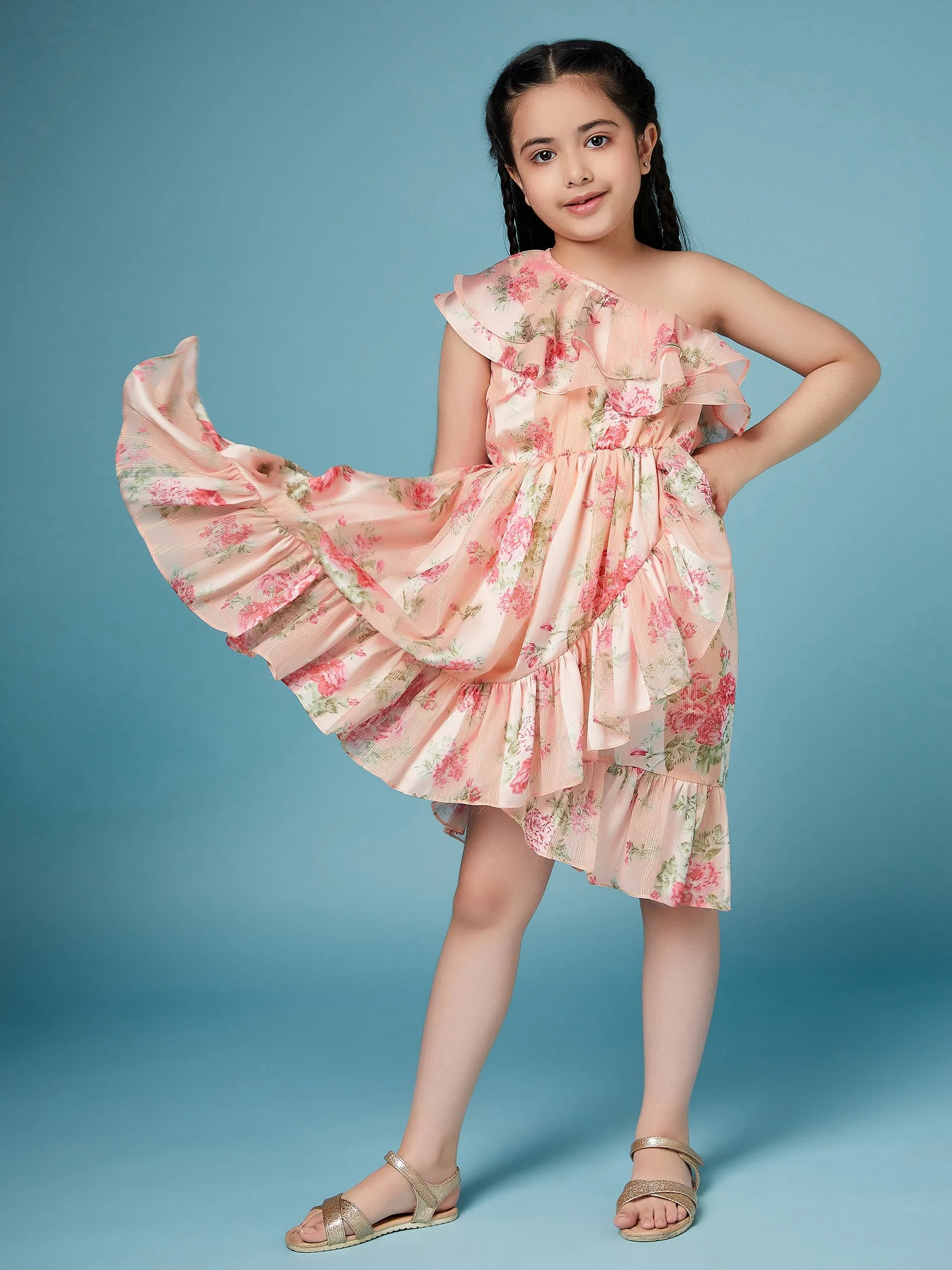 Girls Floral One Shoulder Georgette Dress