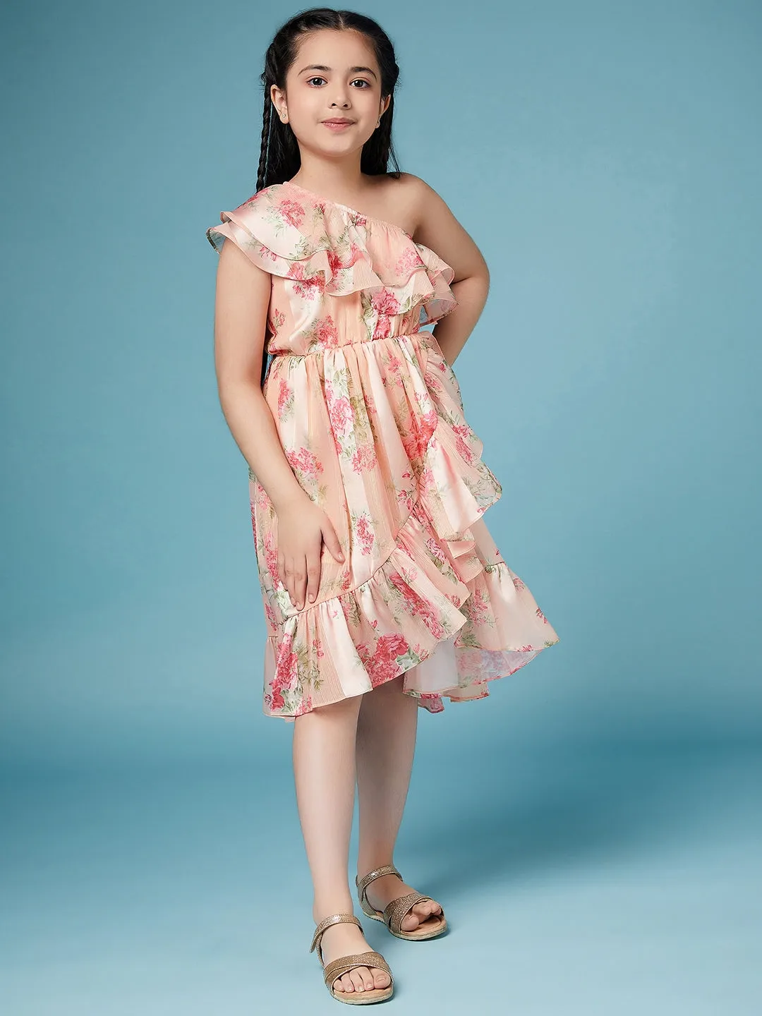 Girls Floral One Shoulder Georgette Dress