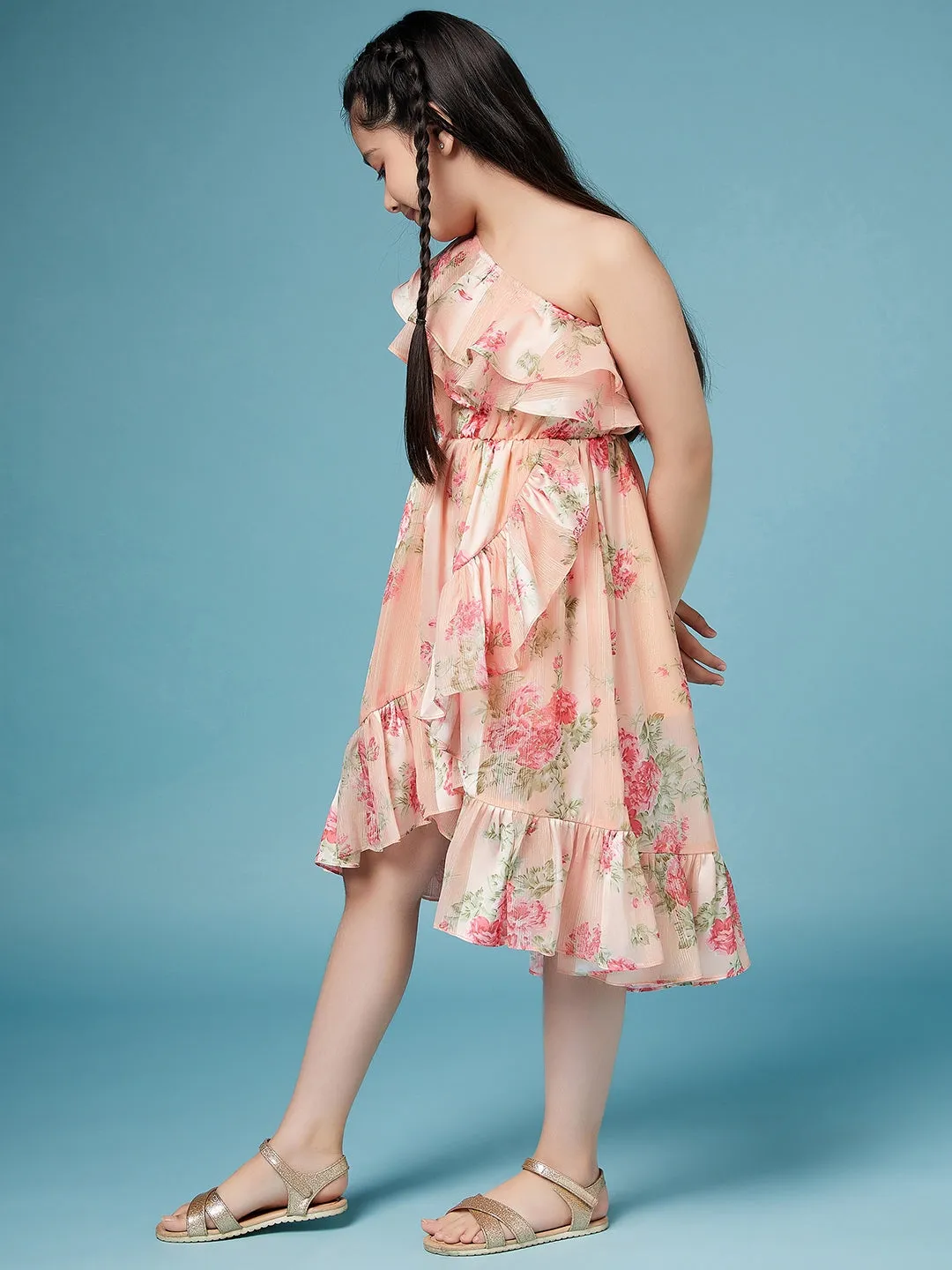 Girls Floral One Shoulder Georgette Dress