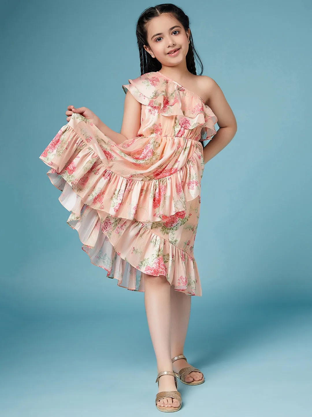 Girls Floral One Shoulder Georgette Dress