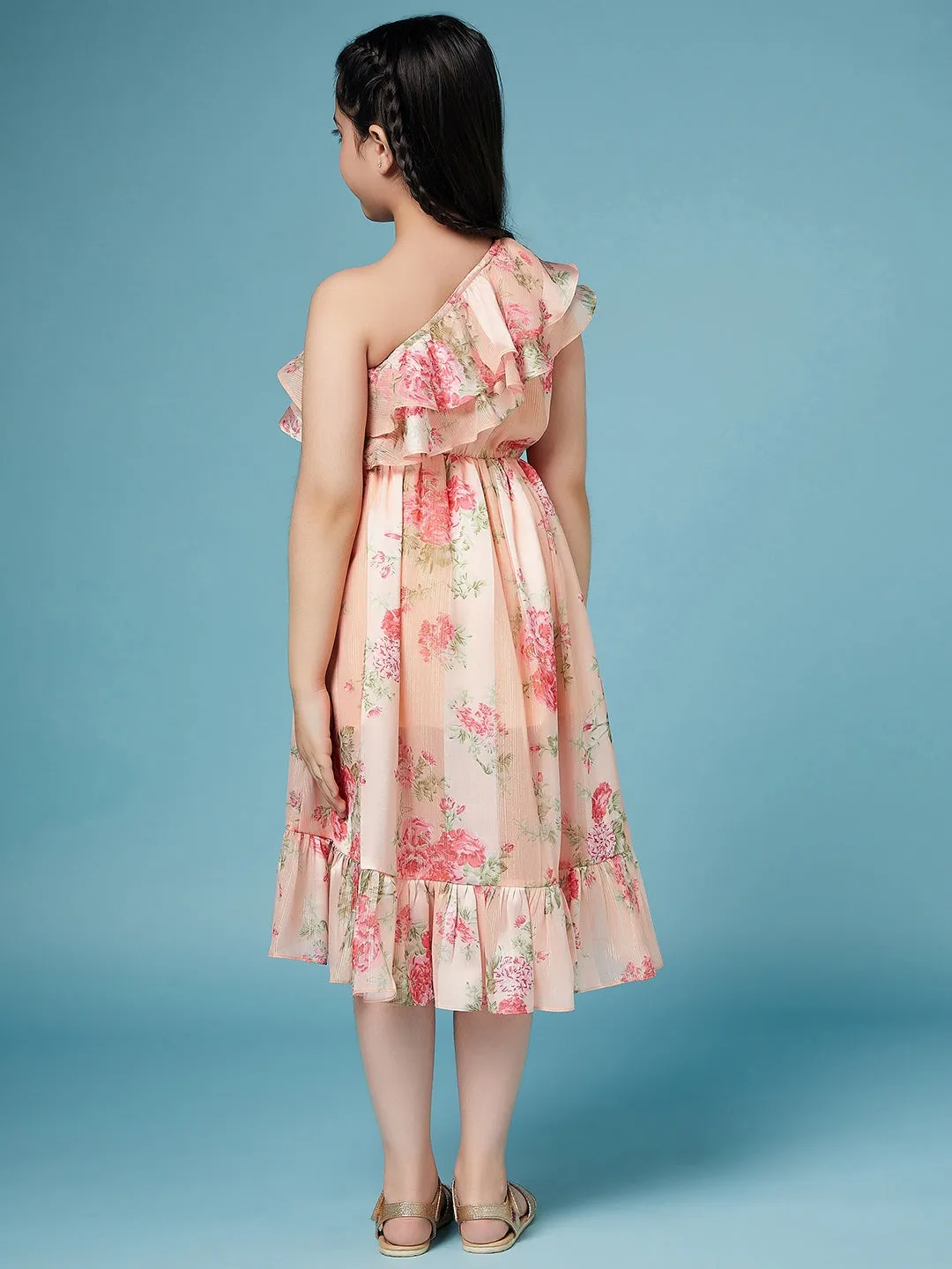 Girls Floral One Shoulder Georgette Dress