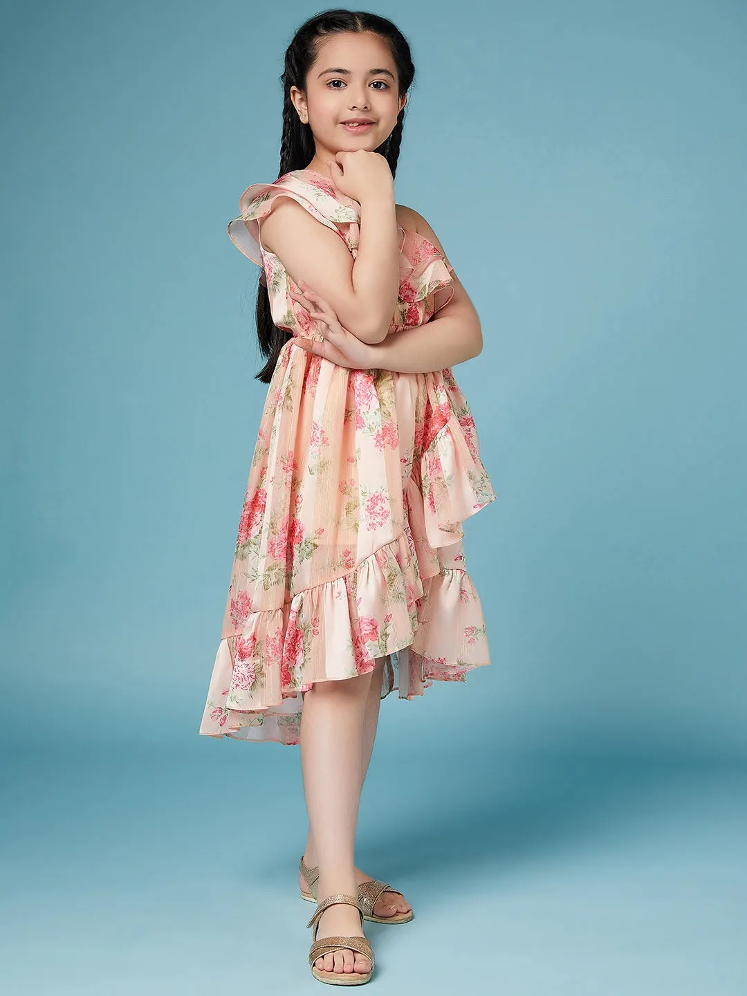 Girls Floral One Shoulder Georgette Dress