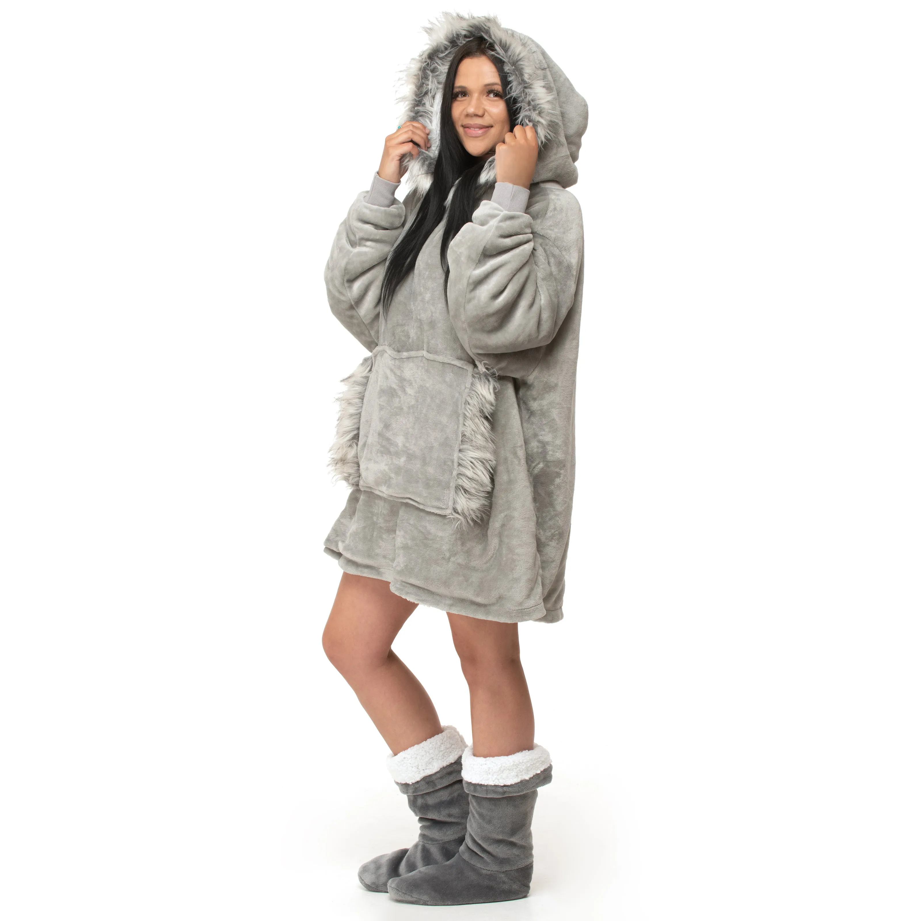 Grey Faux Fur Trim Hoodie Blanket