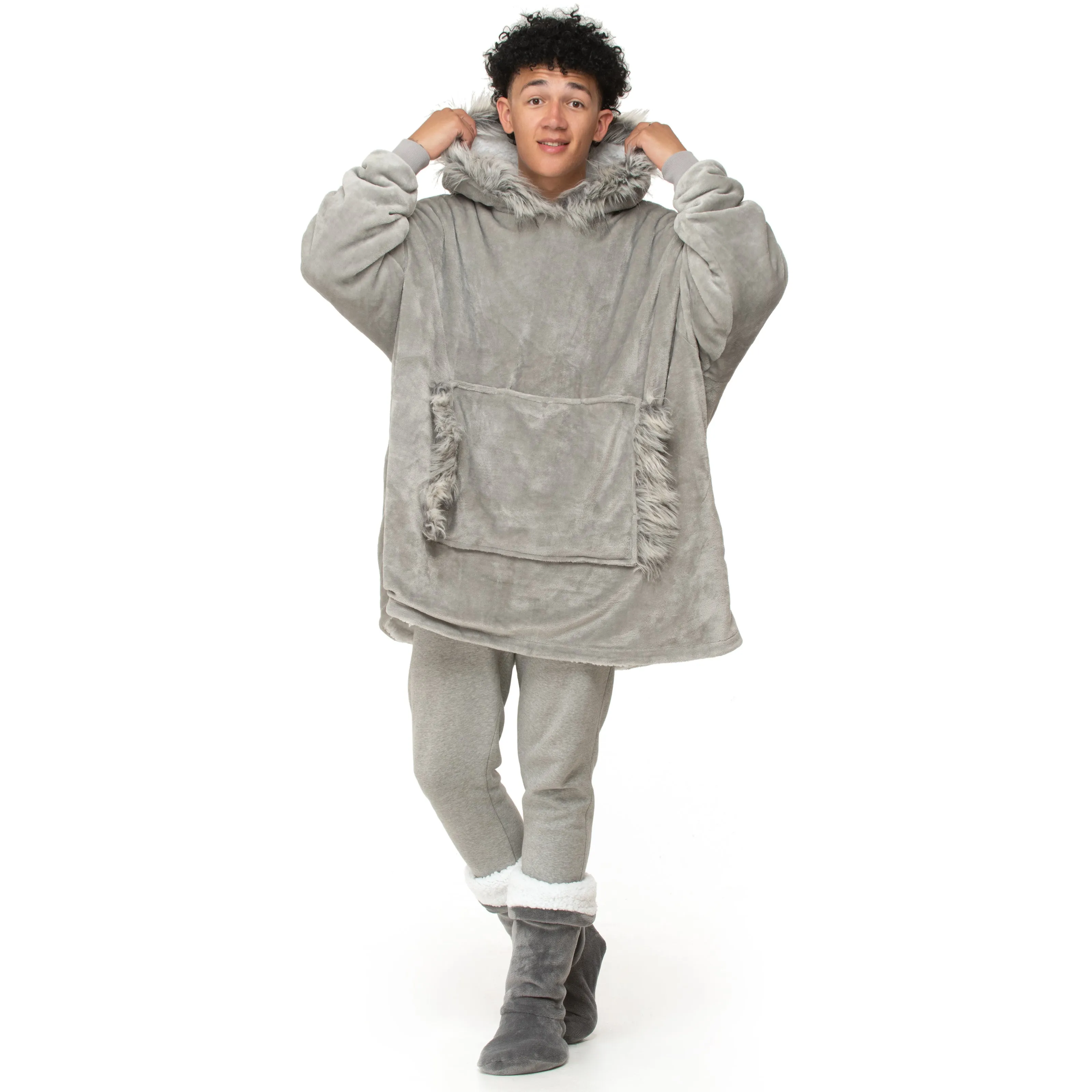 Grey Faux Fur Trim Hoodie Blanket