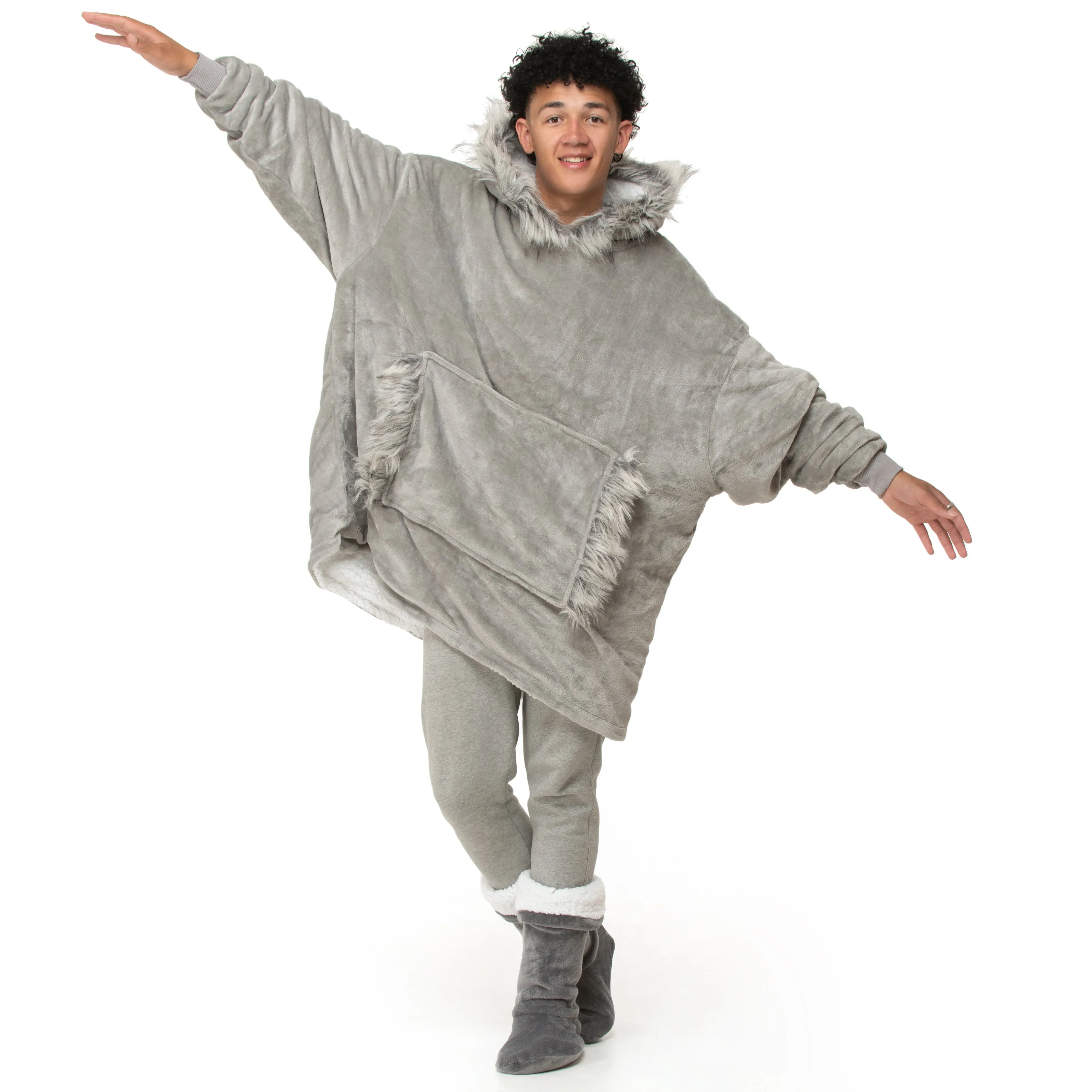 Grey Faux Fur Trim Hoodie Blanket