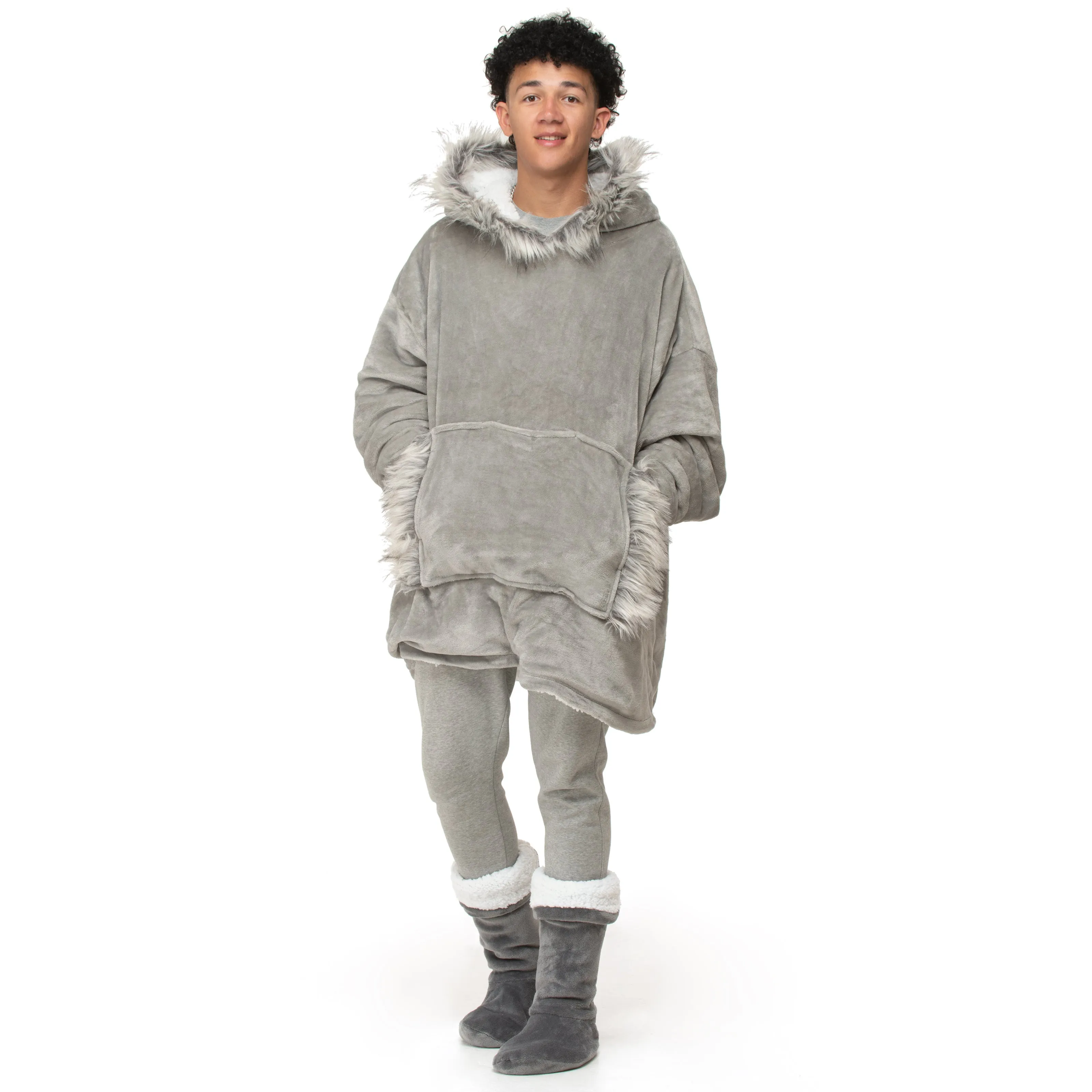 Grey Faux Fur Trim Hoodie Blanket