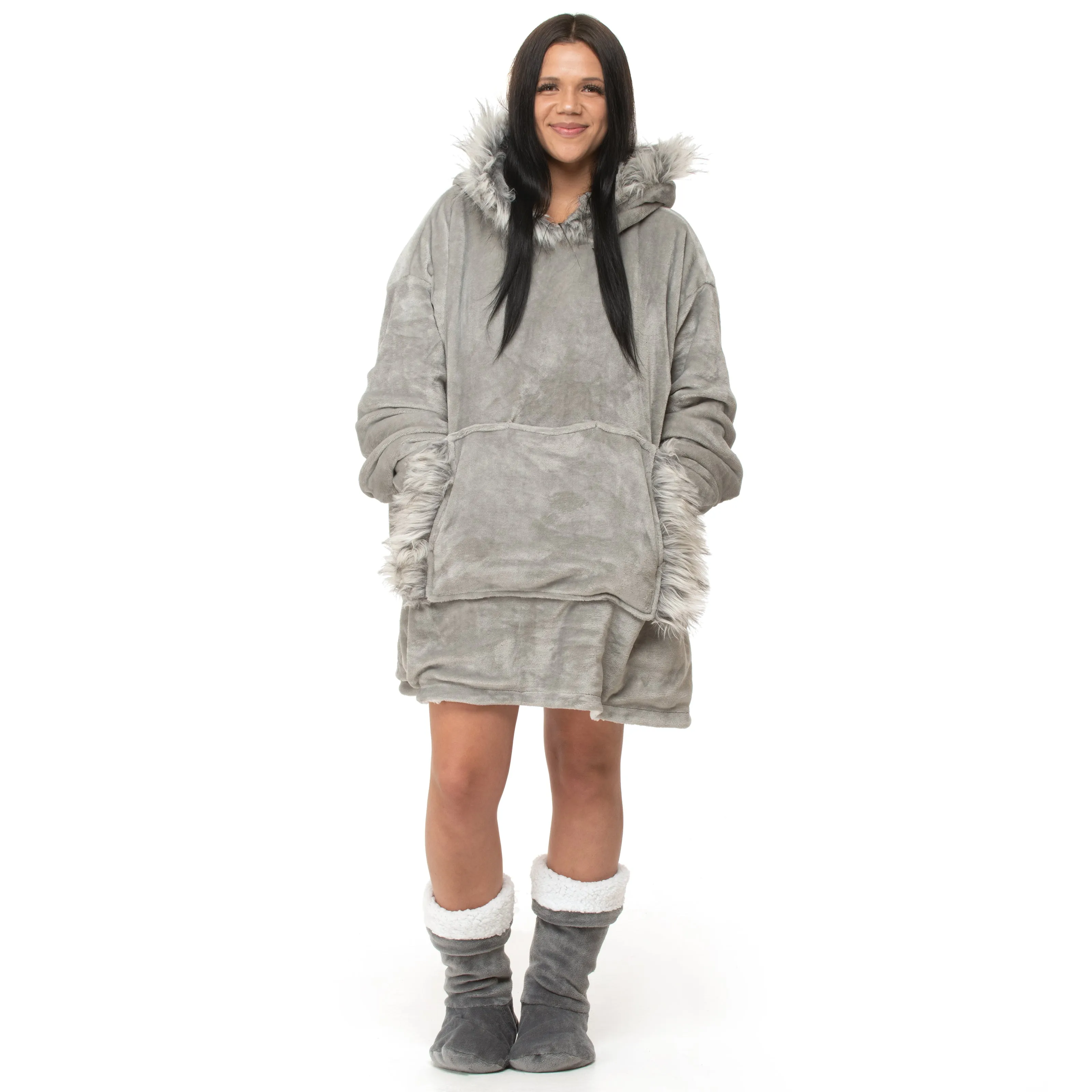 Grey Faux Fur Trim Hoodie Blanket