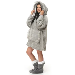 Grey Faux Fur Trim Hoodie Blanket