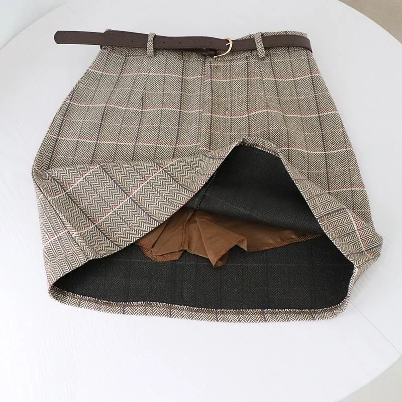 Harajuku Women Plaid Skirt Winter Chic Sashes High Waist A line Skirts