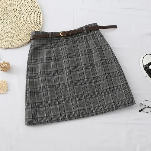 Harajuku Women Plaid Skirt Winter Chic Sashes High Waist A line Skirts
