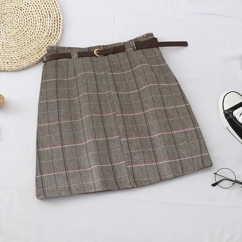 Harajuku Women Plaid Skirt Winter Chic Sashes High Waist A line Skirts