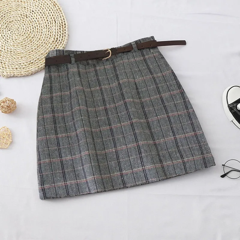 Harajuku Women Plaid Skirt Winter Chic Sashes High Waist A line Skirts