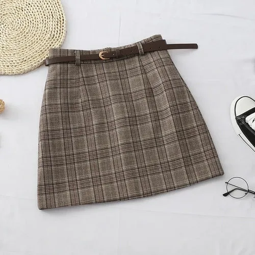 Harajuku Women Plaid Skirt Winter Chic Sashes High Waist A line Skirts