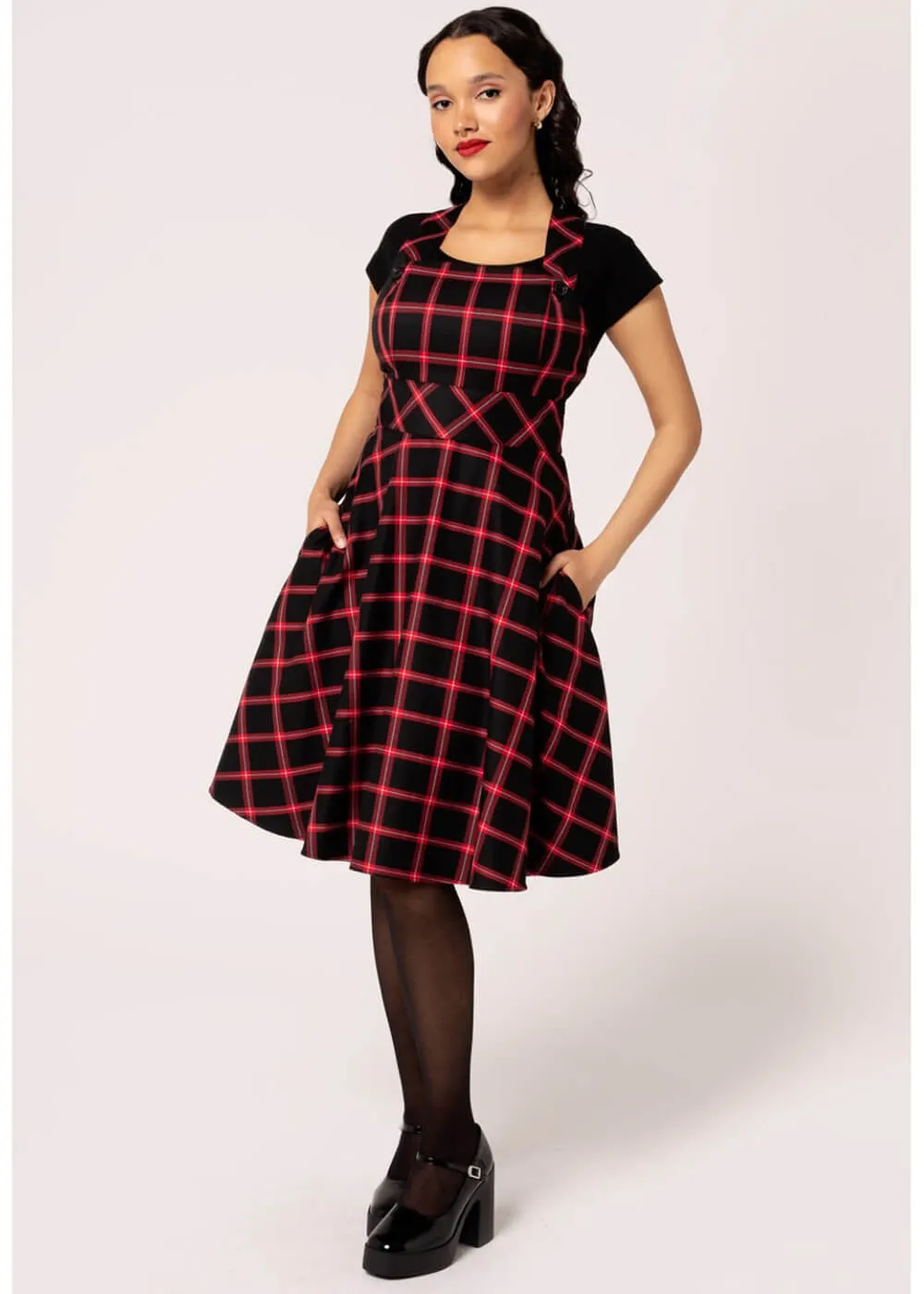 Hell Bunny Janine Tartan Pinafore 40's Swing Dress Black Red