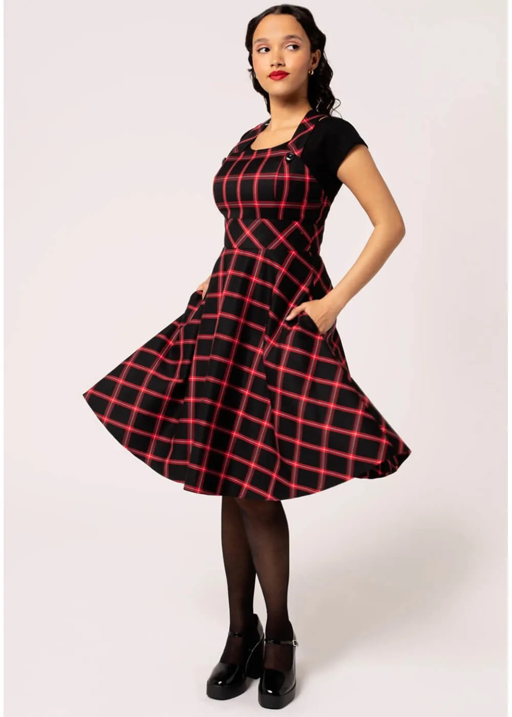Hell Bunny Janine Tartan Pinafore 40's Swing Dress Black Red