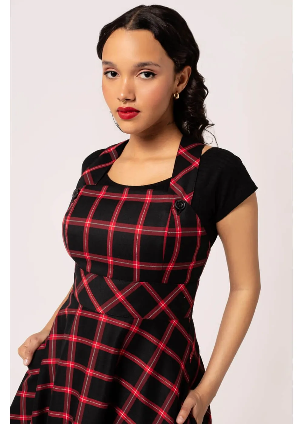 Hell Bunny Janine Tartan Pinafore 40's Swing Dress Black Red