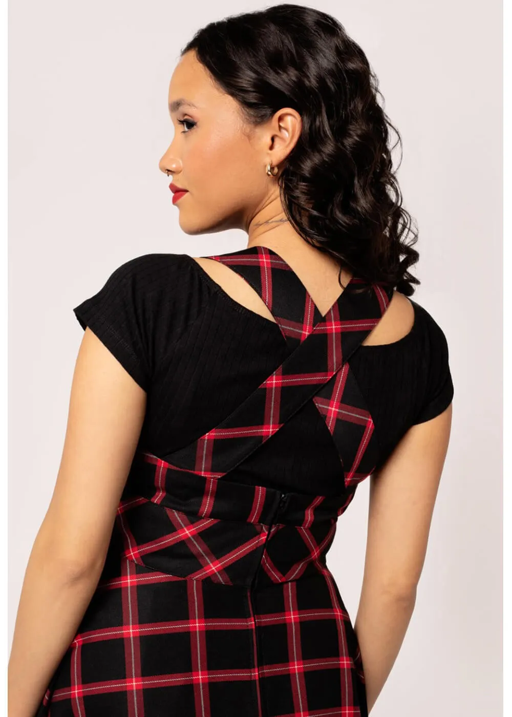 Hell Bunny Janine Tartan Pinafore 40's Swing Dress Black Red