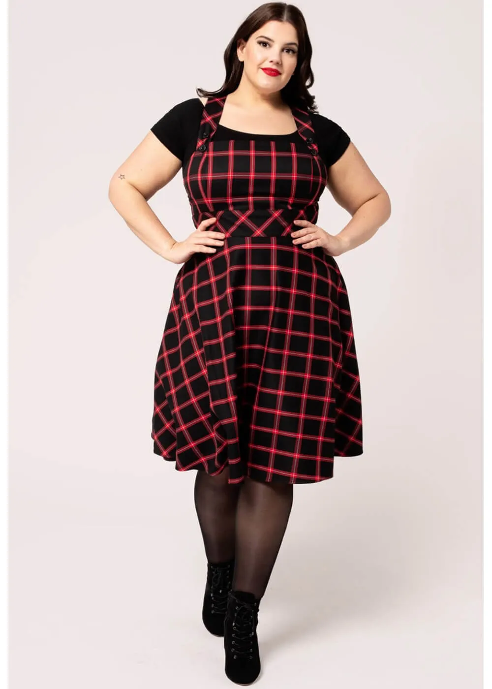 Hell Bunny Janine Tartan Pinafore 40's Swing Dress Black Red