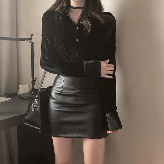 Hip-wrapped PU small leather skirt
