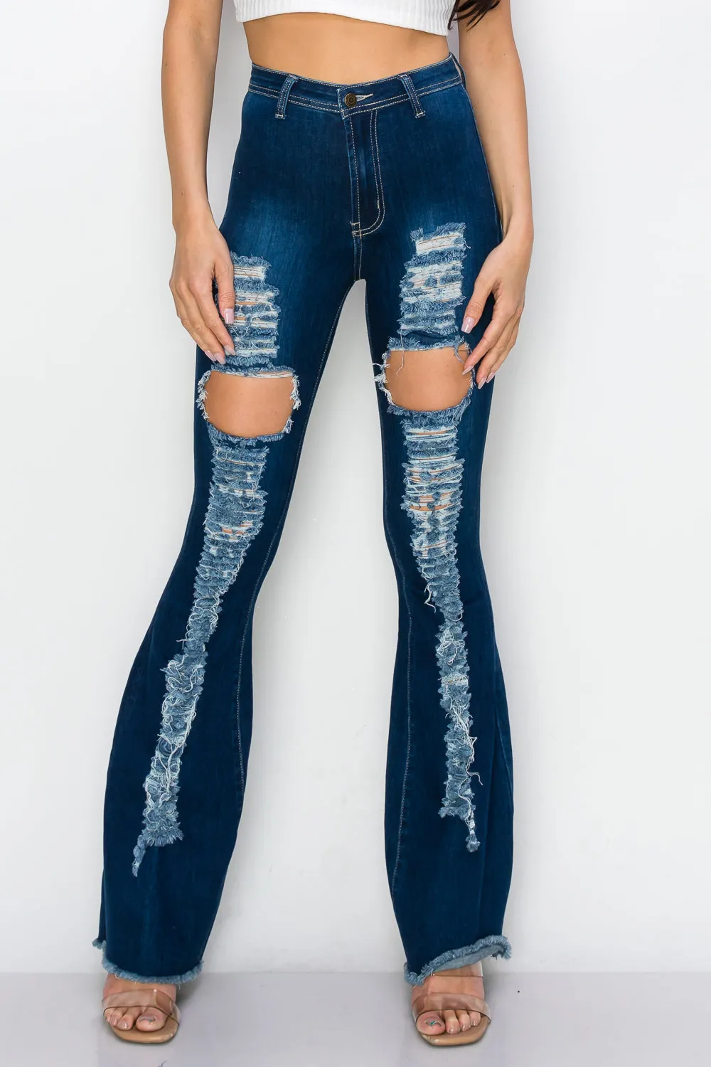 JAZZ-056 BELL BOTTOM FLARE LEG RIPPED DISTRESSED & DESTROYED JEANS
