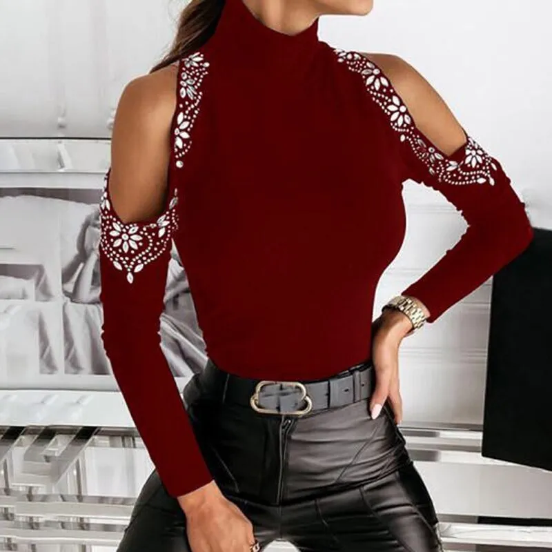 Joskaa Fashion Diamond Butterfly Decorate Slim Blouse Shirt Women Sexy Off Shoulder Shirt Blusa Spring Casual Long Sleeve Tops Pullover