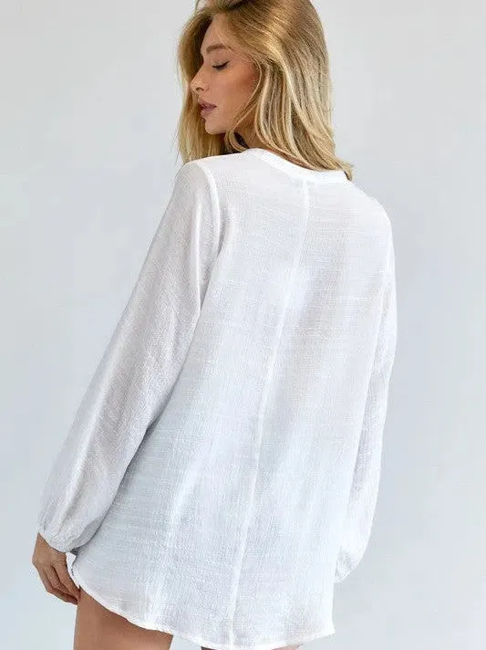 Joy in the Little Things V-cut Long Sleeve Casual White Blouse