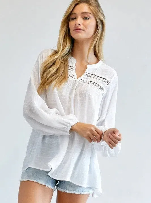 Joy in the Little Things V-cut Long Sleeve Casual White Blouse