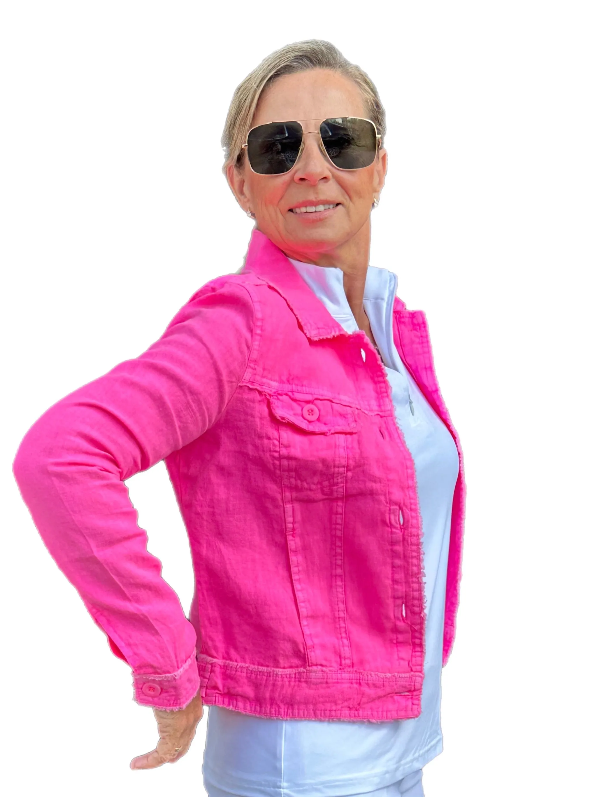 Long-Sleeve Linen Jacket Bright Hot Pink