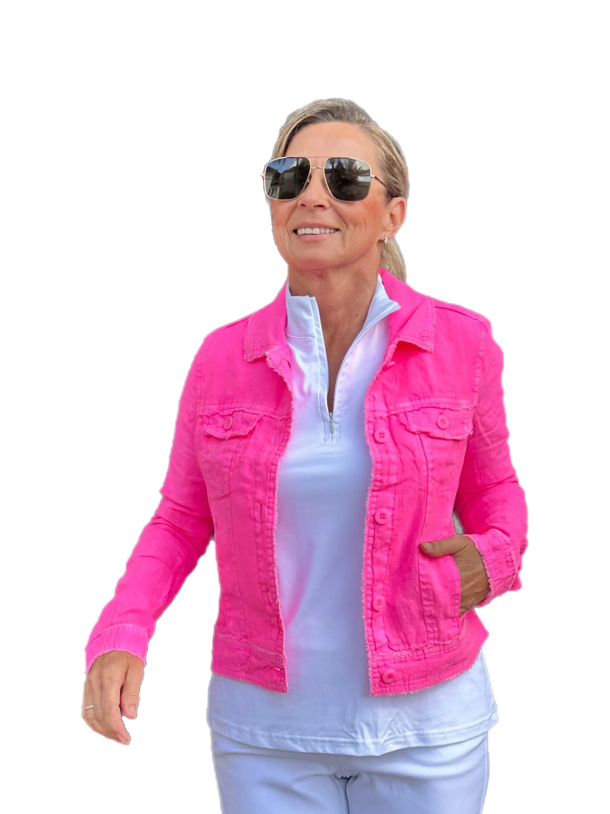 Long-Sleeve Linen Jacket Bright Hot Pink