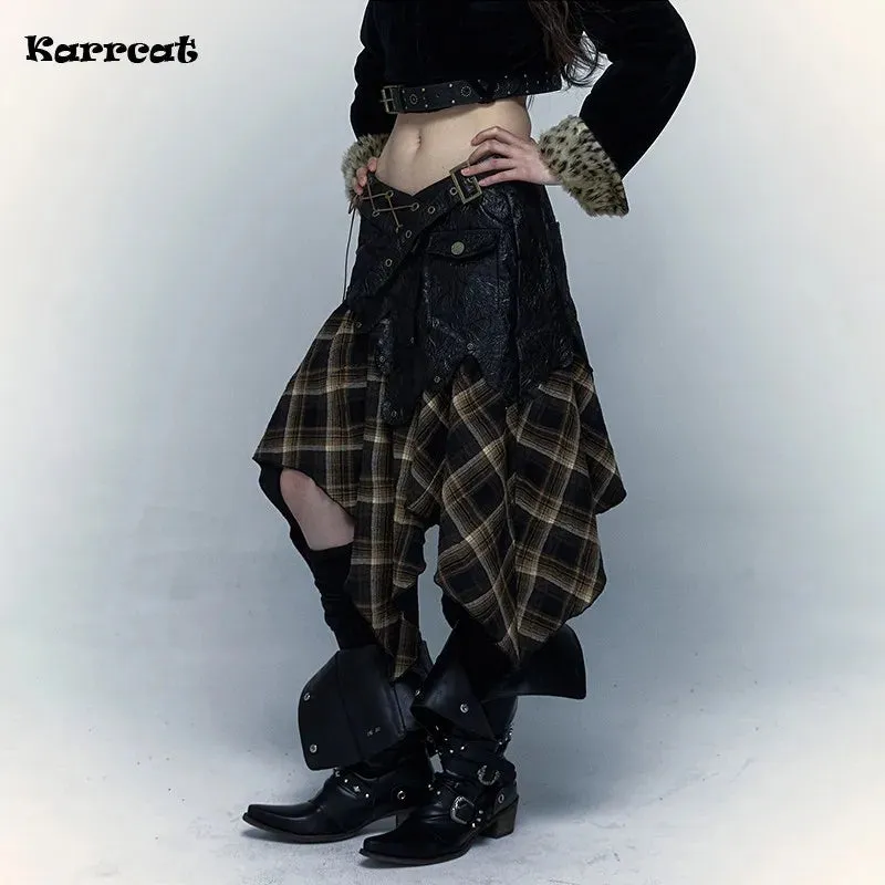 LVSANW Karrcat Grunge Aesthetics Irregular Skirt Japanese Y2k Vintage Plaid Skirt Wasteland Punk Patchwork Chic Skirt Gothic Harajuku