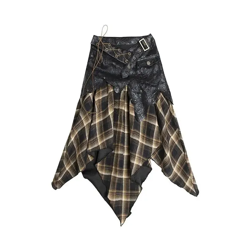 LVSANW Karrcat Grunge Aesthetics Irregular Skirt Japanese Y2k Vintage Plaid Skirt Wasteland Punk Patchwork Chic Skirt Gothic Harajuku