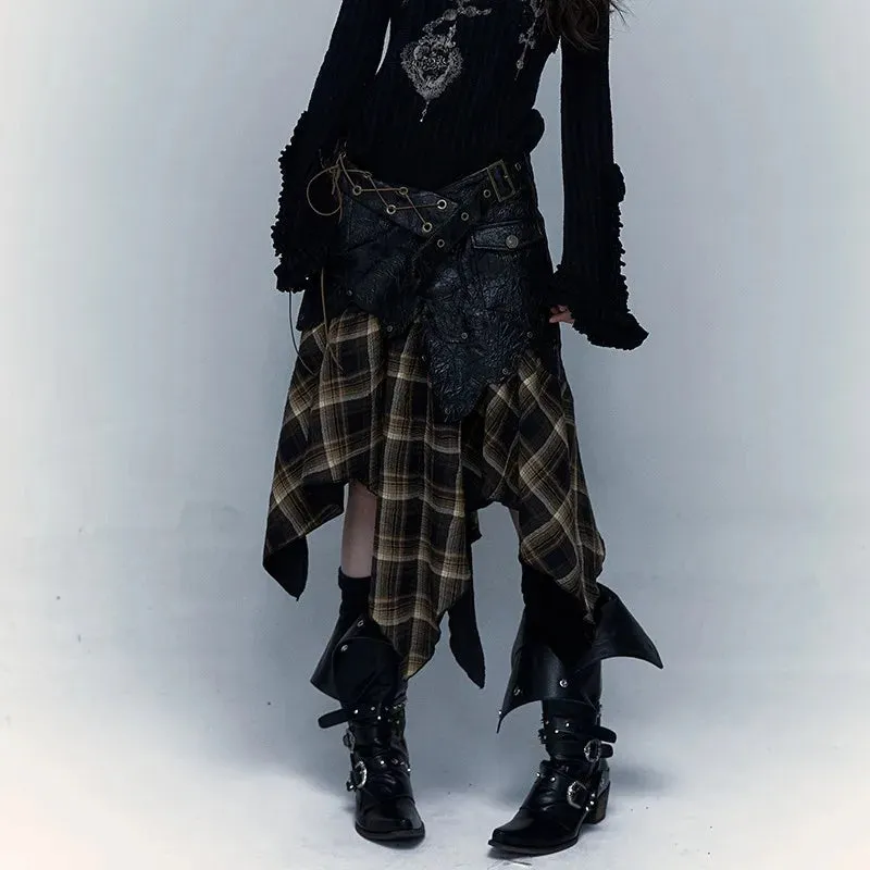 LVSANW Karrcat Grunge Aesthetics Irregular Skirt Japanese Y2k Vintage Plaid Skirt Wasteland Punk Patchwork Chic Skirt Gothic Harajuku