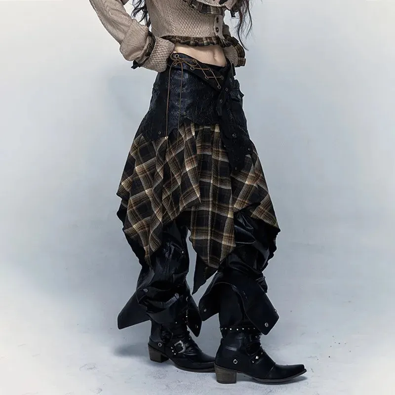 LVSANW Karrcat Grunge Aesthetics Irregular Skirt Japanese Y2k Vintage Plaid Skirt Wasteland Punk Patchwork Chic Skirt Gothic Harajuku