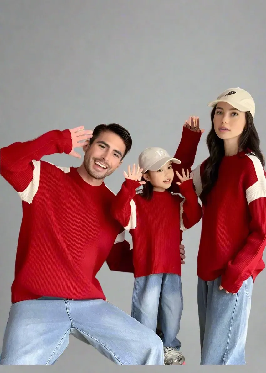 Matching Family Colorblock Knit Sweaters  Cozy Red with Modern Style