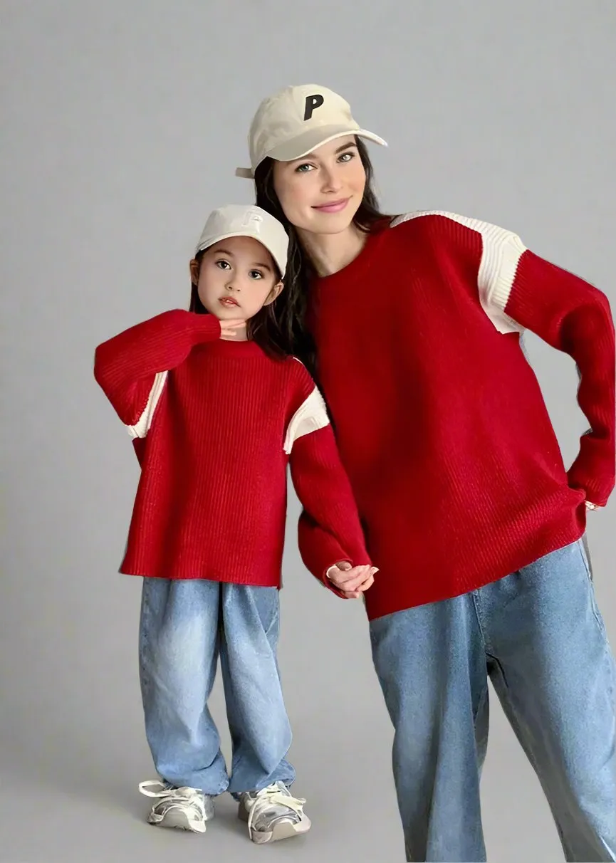 Matching Family Colorblock Knit Sweaters  Cozy Red with Modern Style